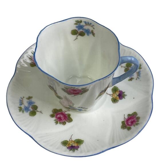 Vintage Shelley England Blue Trim Wildflowers Saucer Cup Fine Bone China Teacup - Picture 2 of 7